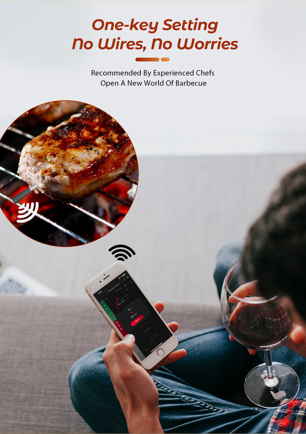 Kachen a Fritten Thermometer - WIFI mat Fritten APP - Repeater suergt fir laang Distanz zum Handy - Uewen, Grill oder Pan.