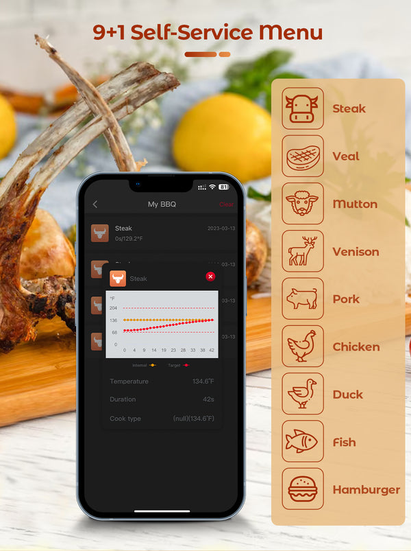 Cooking and frying thermometer - WIFI with frying APP - Repeater ensures long distance to the mobile - Oven, grill or pan.