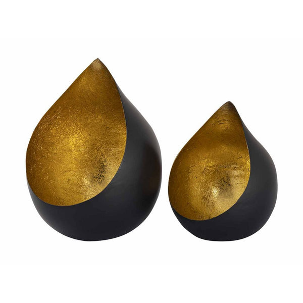 Candlestick set with 2 tealight holders Romy. Drop-shaped black matt and gold-plated inside