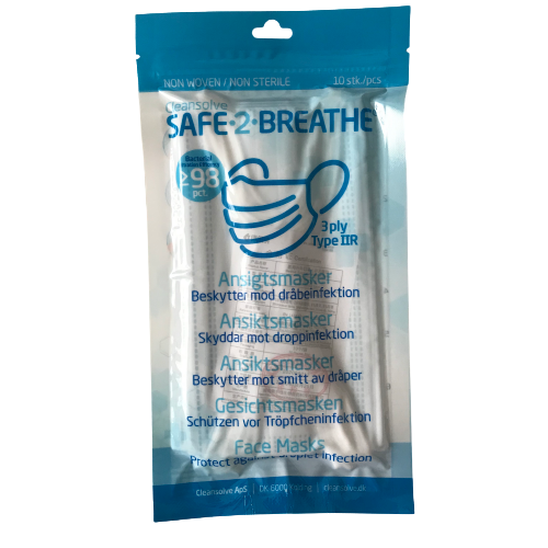 Safe2Breathe - Mondstéck - Gesiichtsmasken - 3 Schichten Typ IIR - CE markéiert - Pack vun 10