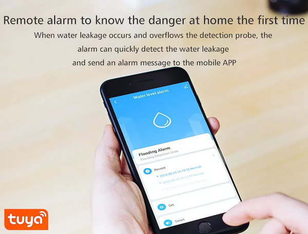 Alarm fir Waasserleck - Iwwerschwemmungs- a Waasserniveaualarm - Akustesch a Liichtalarm - WIFI mat Alarm fir Ären Handy
